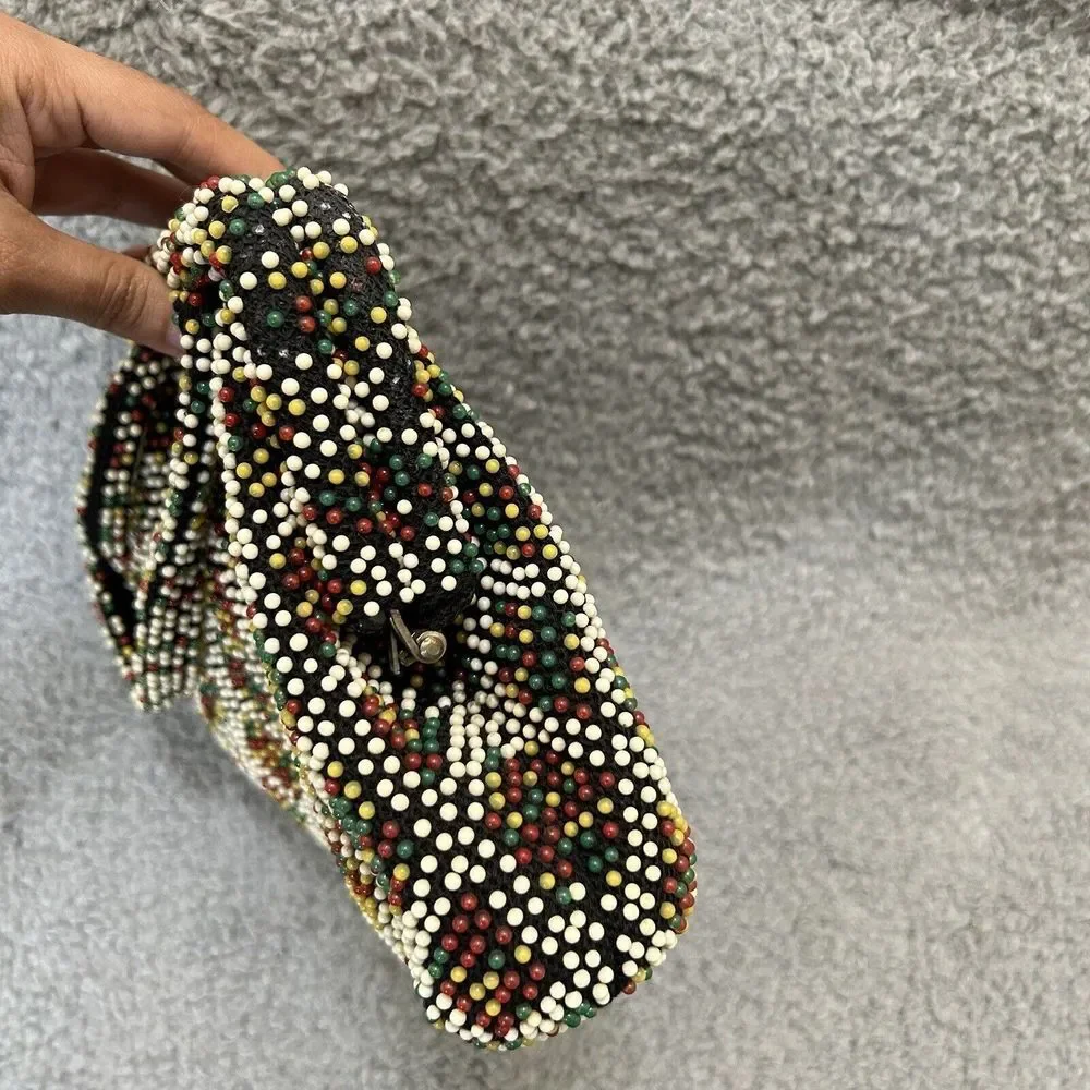 Vintage Purse Black Multicolored Beaded Cloth Clutch Handbag Hong Kong Fun Color